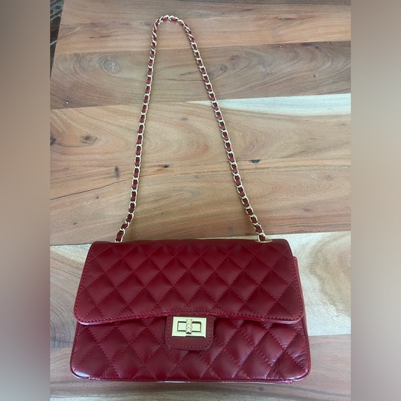 NWOT Red Italian Leather Handbag with Chain - Picture 5 of 5
